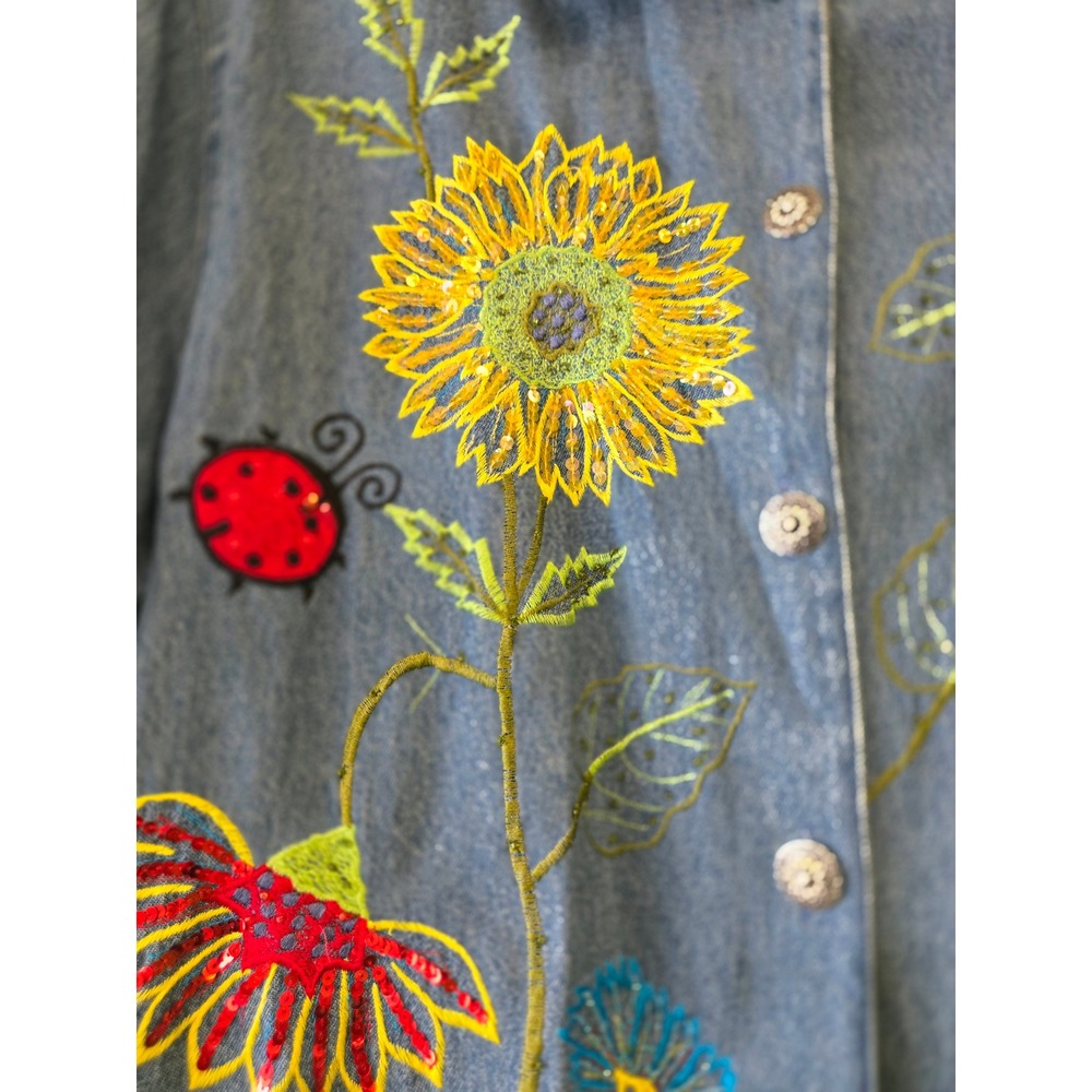 Vintage Embroidered Sunflower Ladybug Denim Jacket Blue Large L Cotton Pockets - Picture 2 of 16
